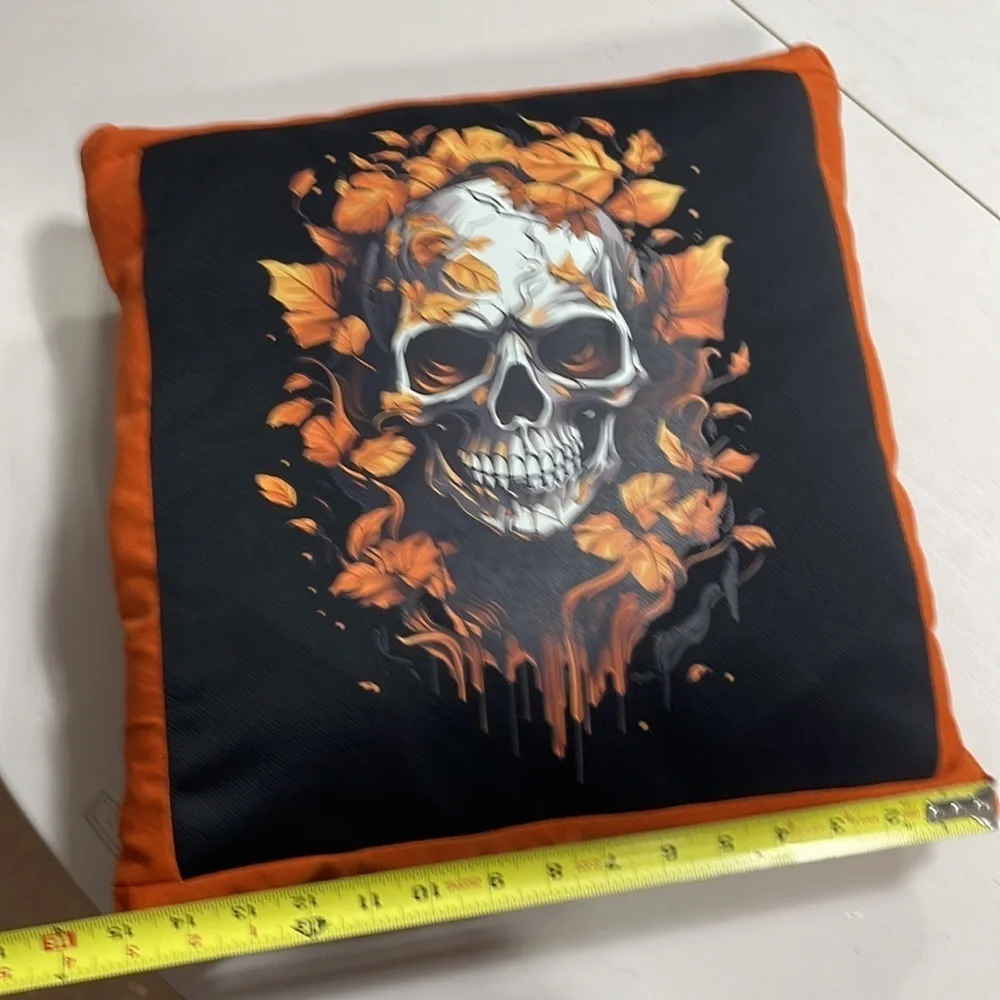 Homemade brand new accent T-shirt pillow. Black and orange autumn skull.